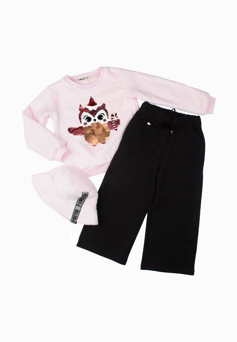 Set of sweatshirt Owl, trousers and pink terry panama hat