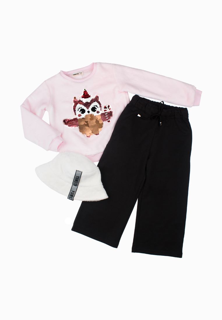 Set of sweatshirt Owl, trousers and white terry panama hat