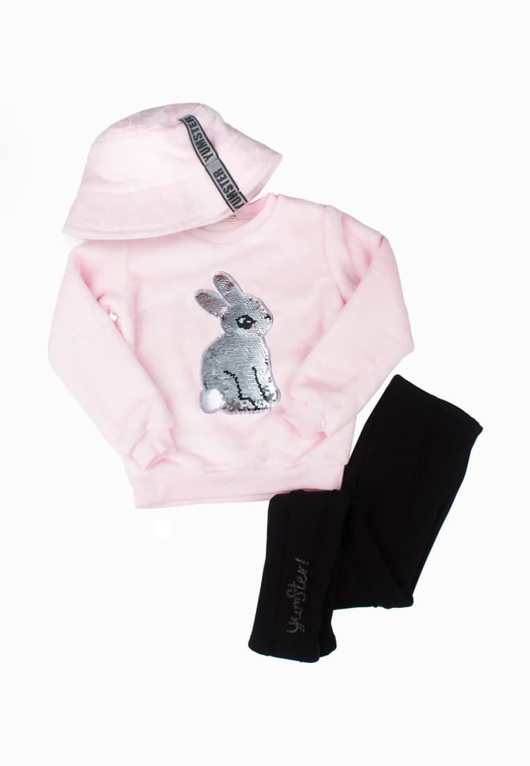 Set of sweatshirt Bunny, trousers and pink terry panama hat