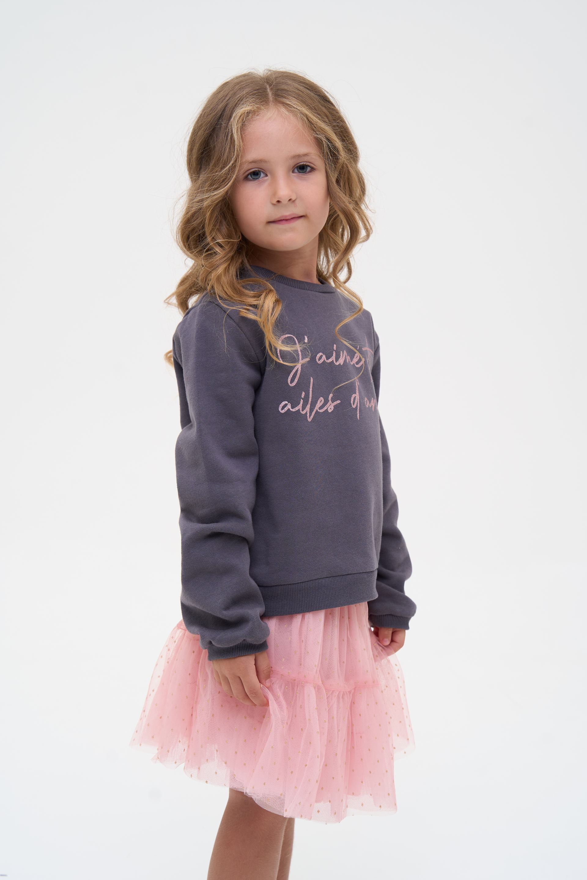 Set for a girl - gray sweatshirt and pink skirt