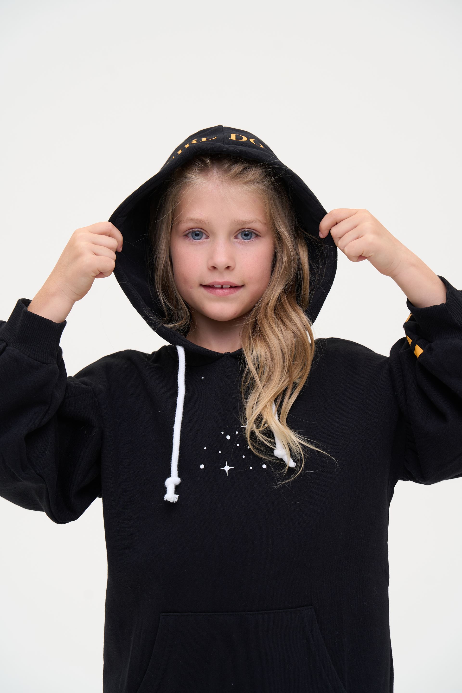 Black hoodie with orange lettering