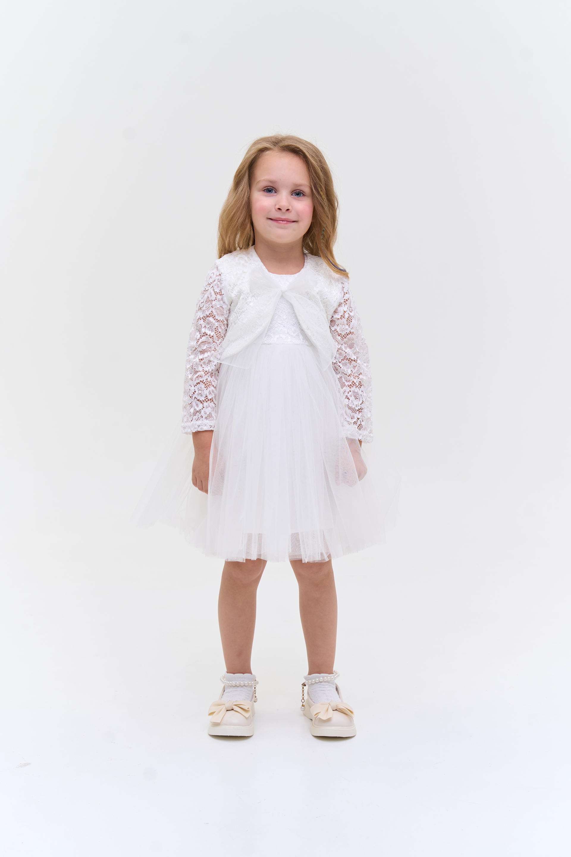 Set of elegant Dress + Bolero white guipure