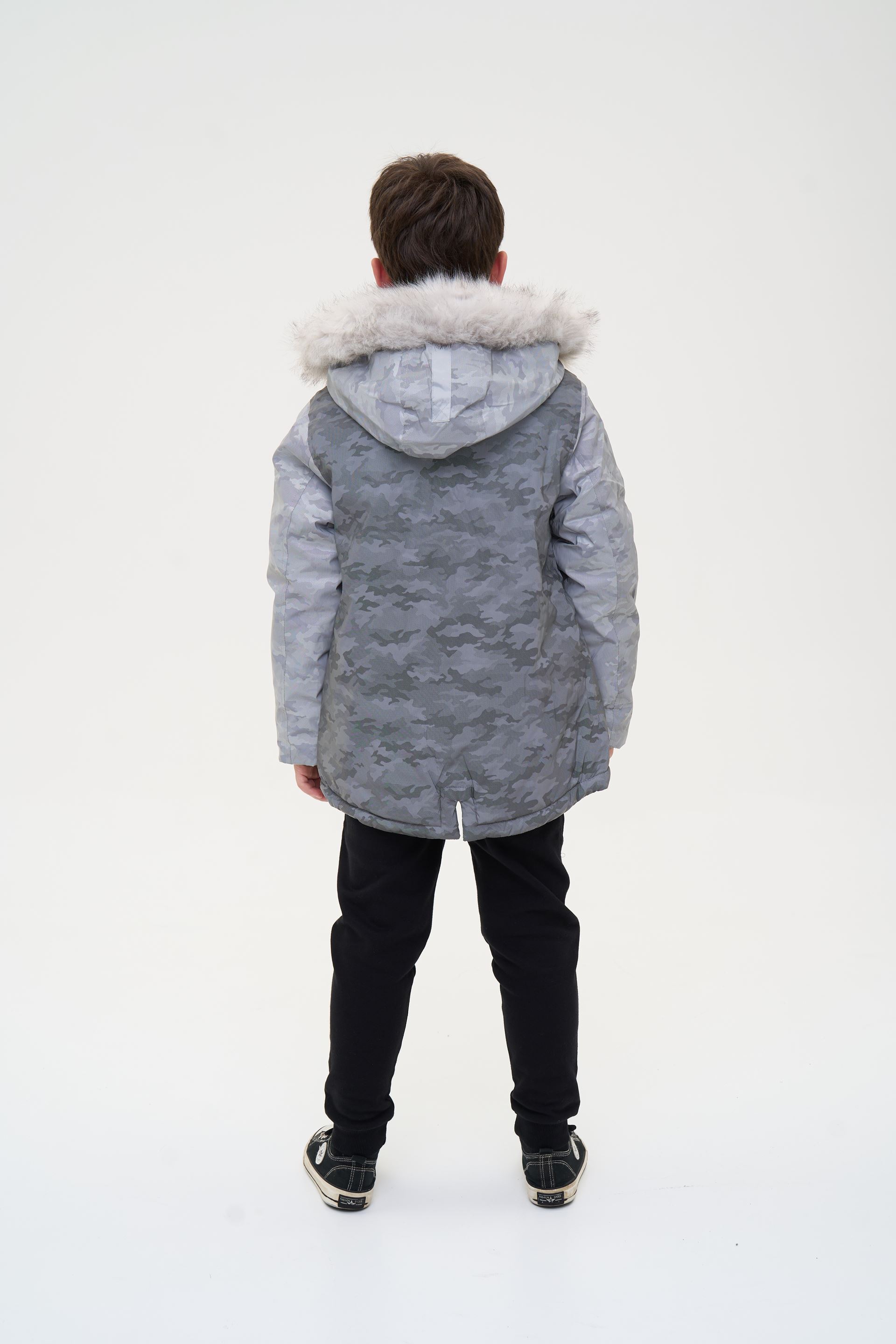 Warm children's jacket with a fur hood, gray camouflage