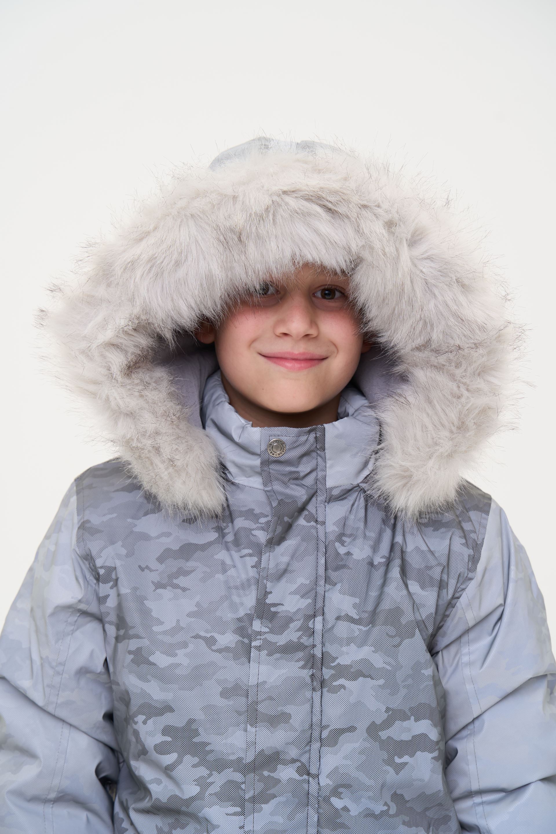 Warm children's jacket with a fur hood, gray camouflage