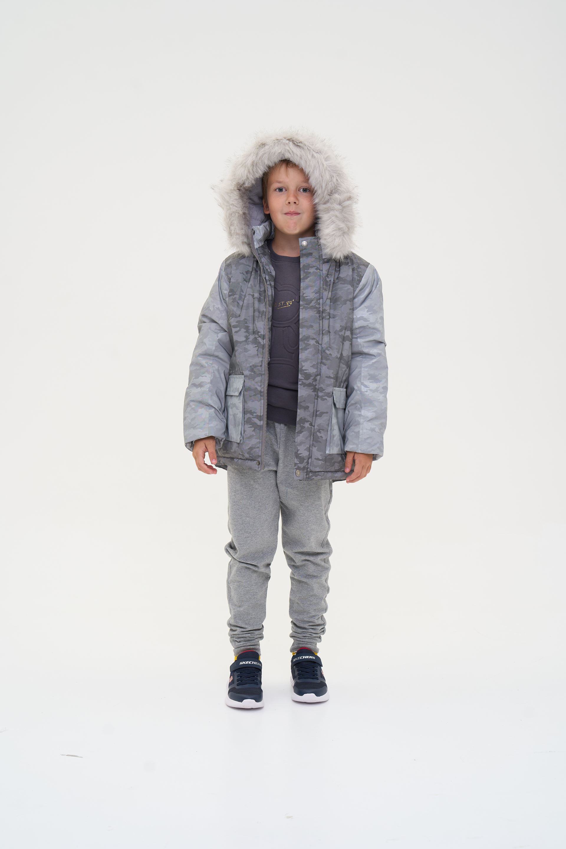 Warm children's jacket with a fur hood, gray camouflage