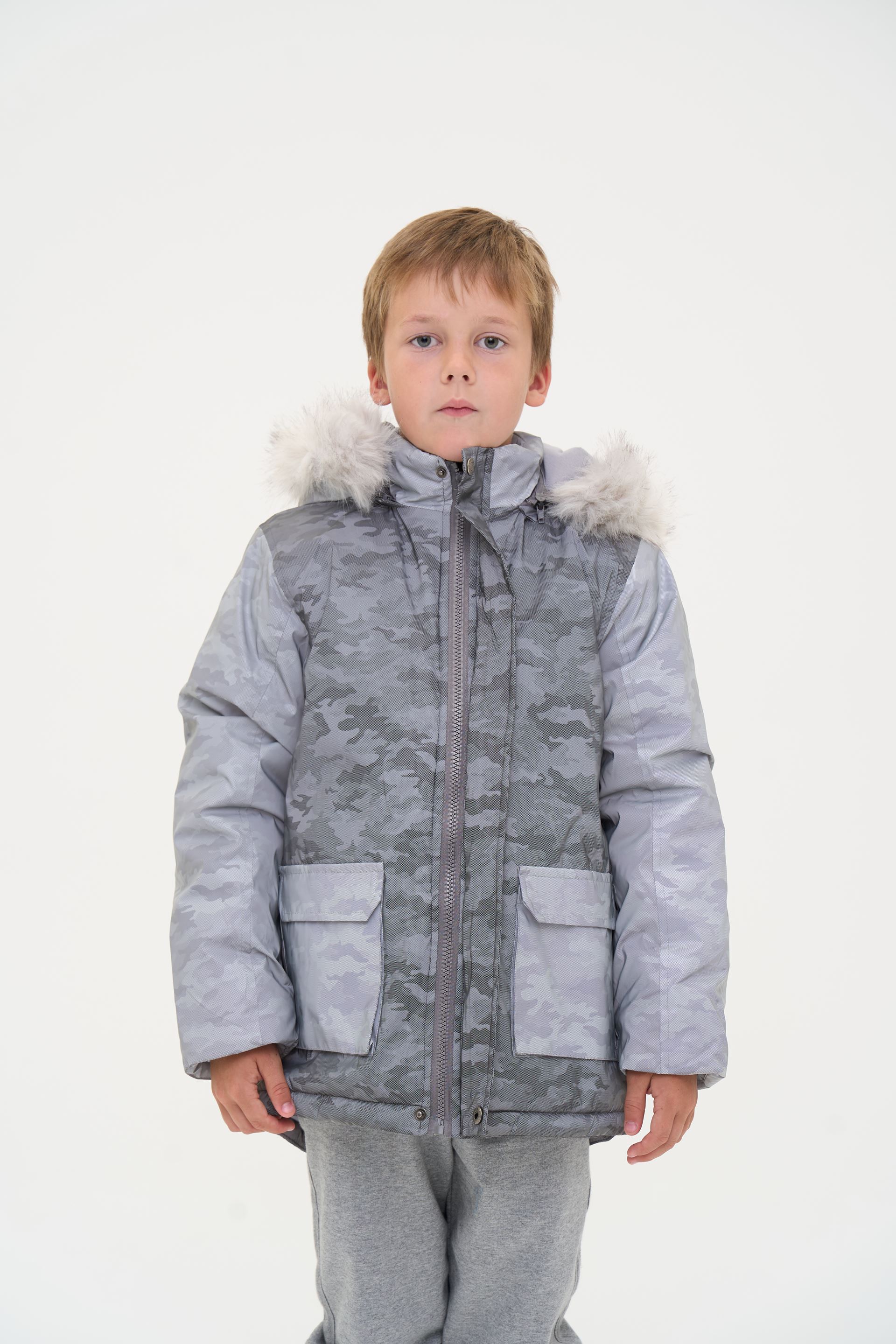 Warm children's jacket with a fur hood, gray camouflage
