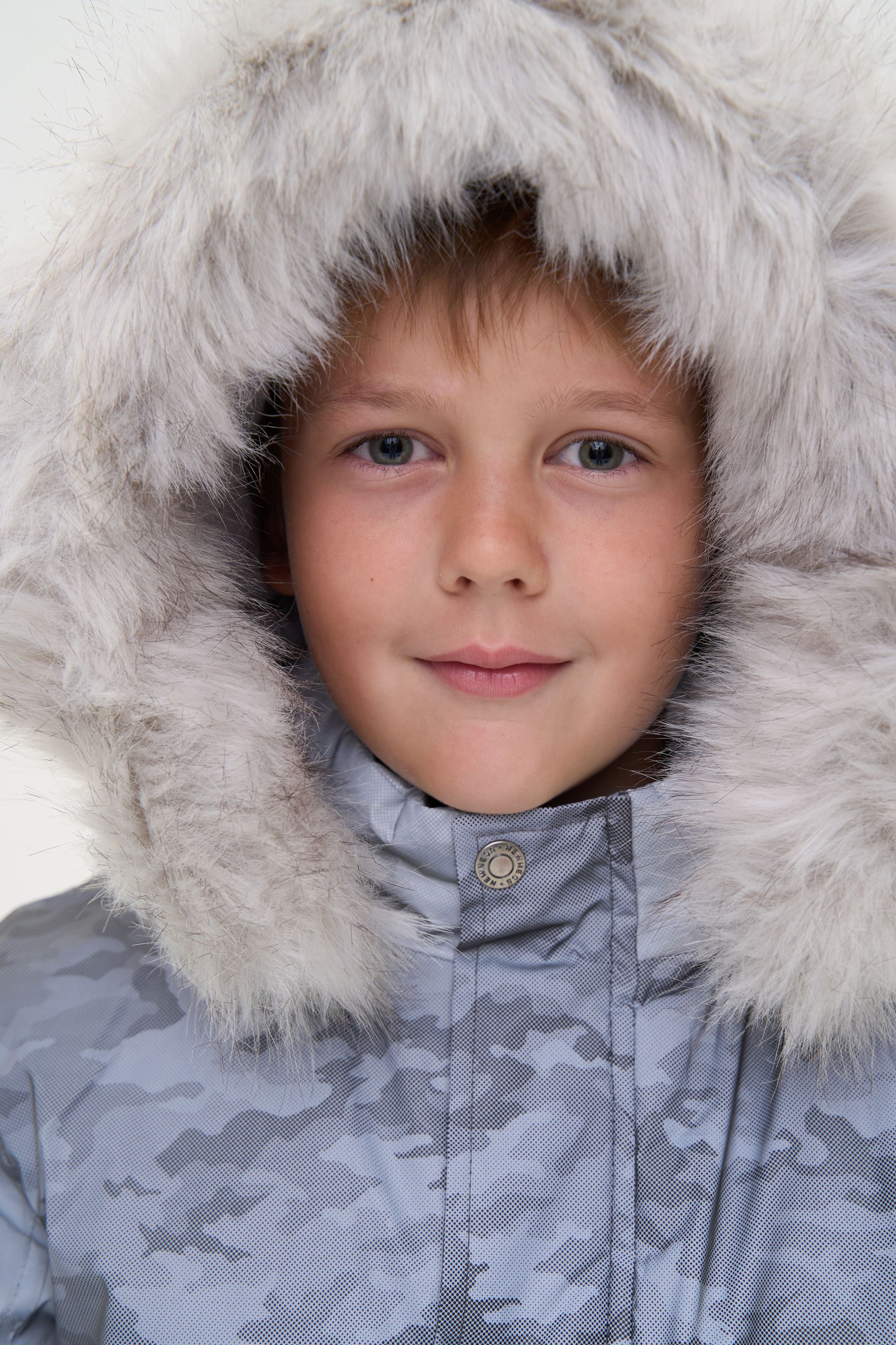 Warm children's jacket with a fur hood, gray camouflage