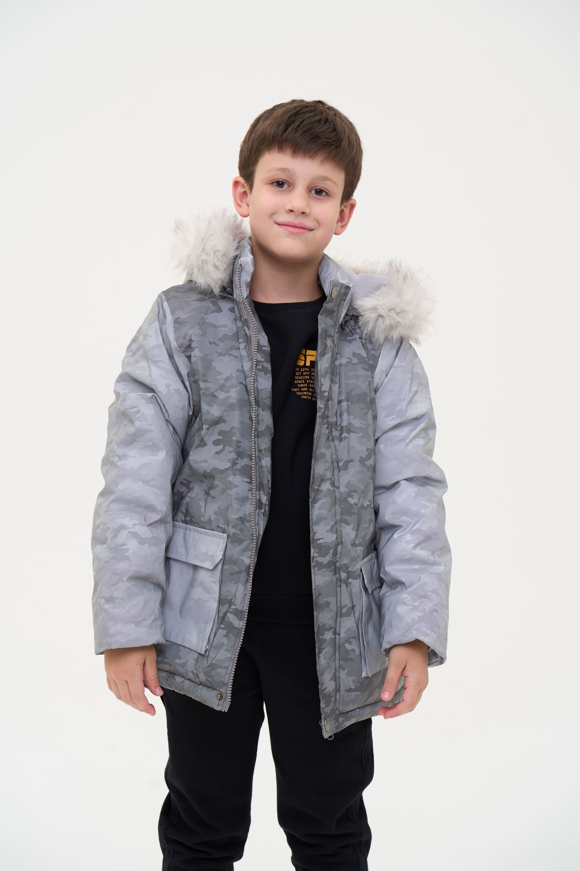 Warm children's jacket with a fur hood, gray camouflage