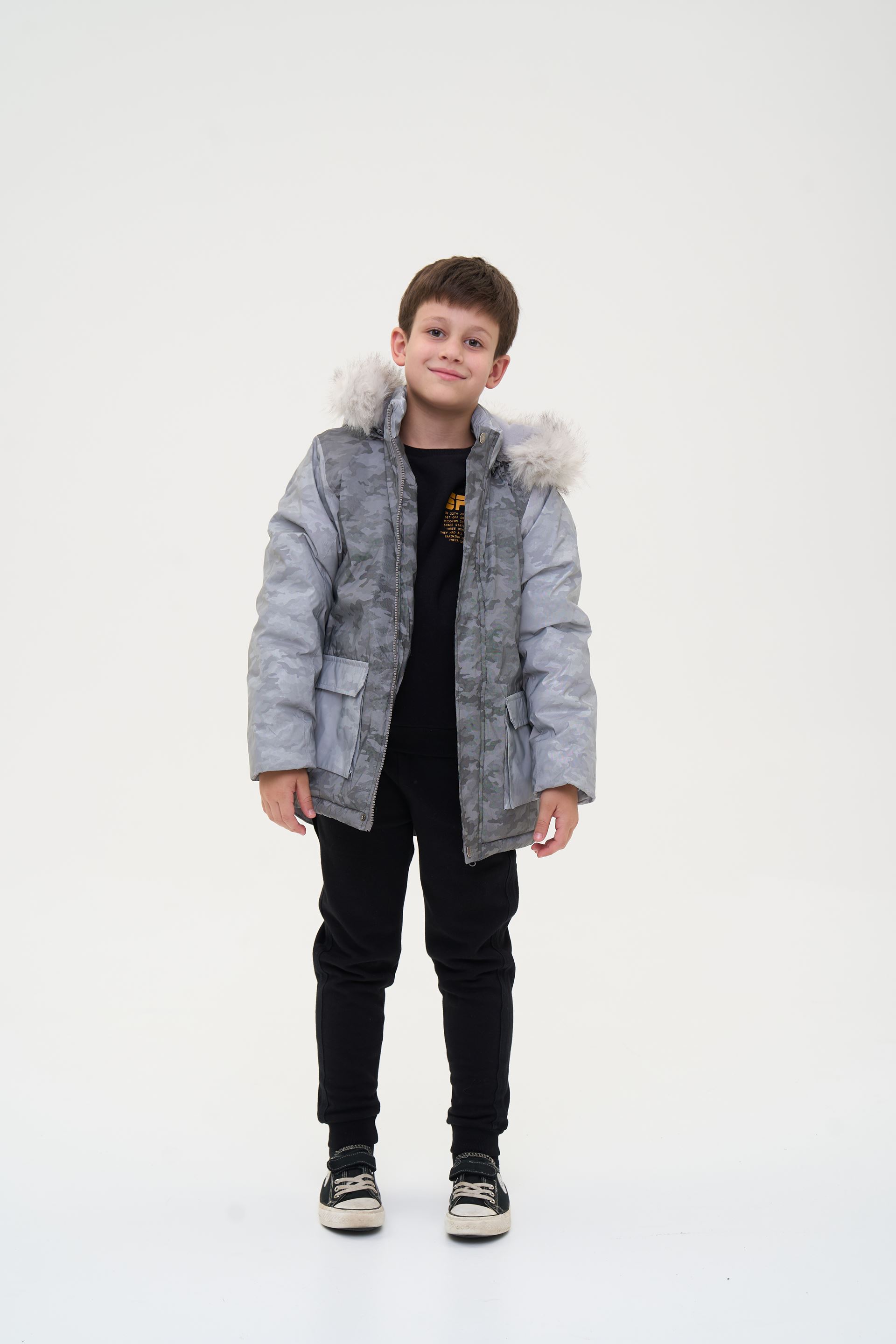 Warm children's jacket with a fur hood, gray camouflage