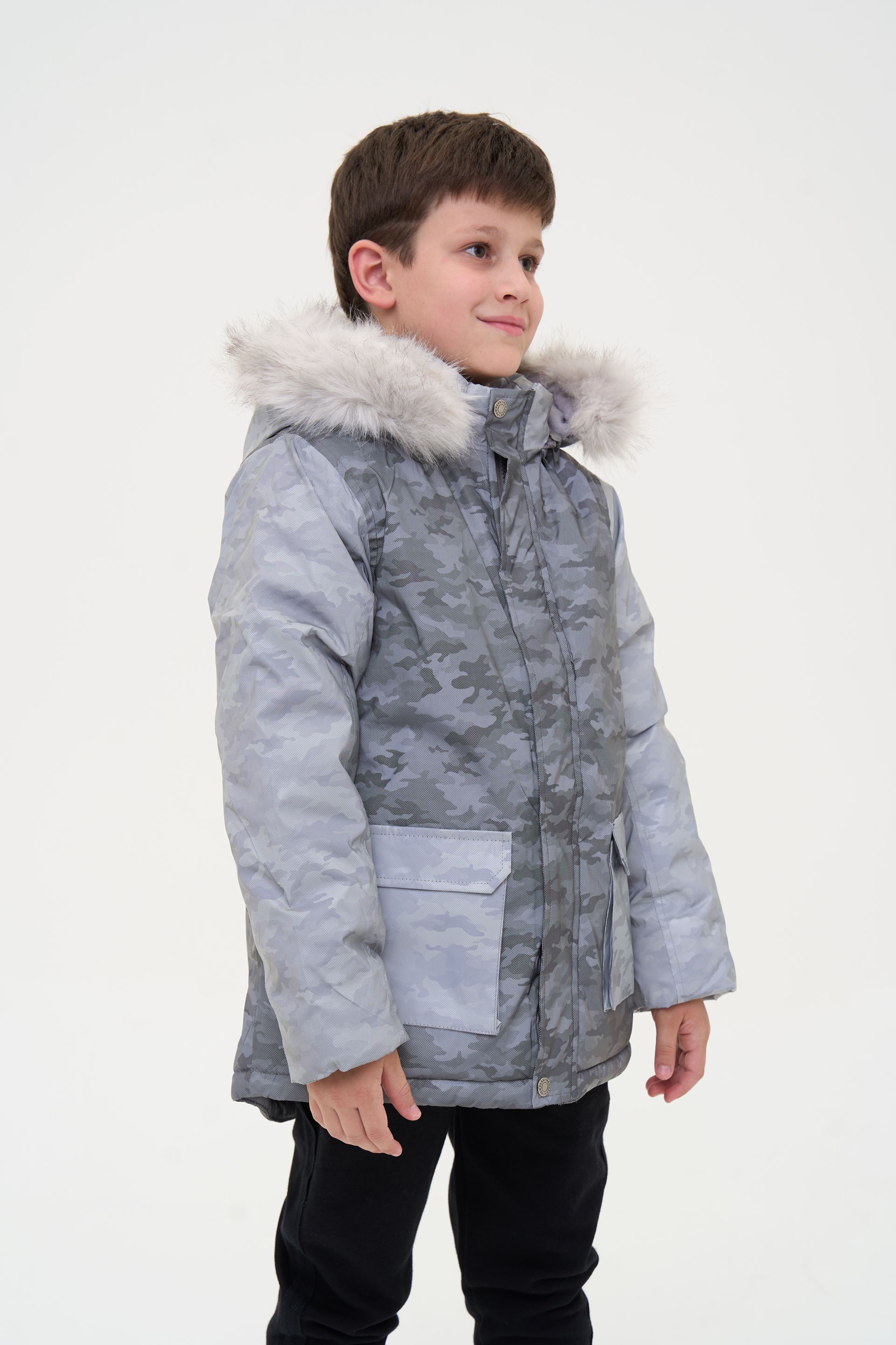Warm children's jacket with a fur hood, gray camouflage