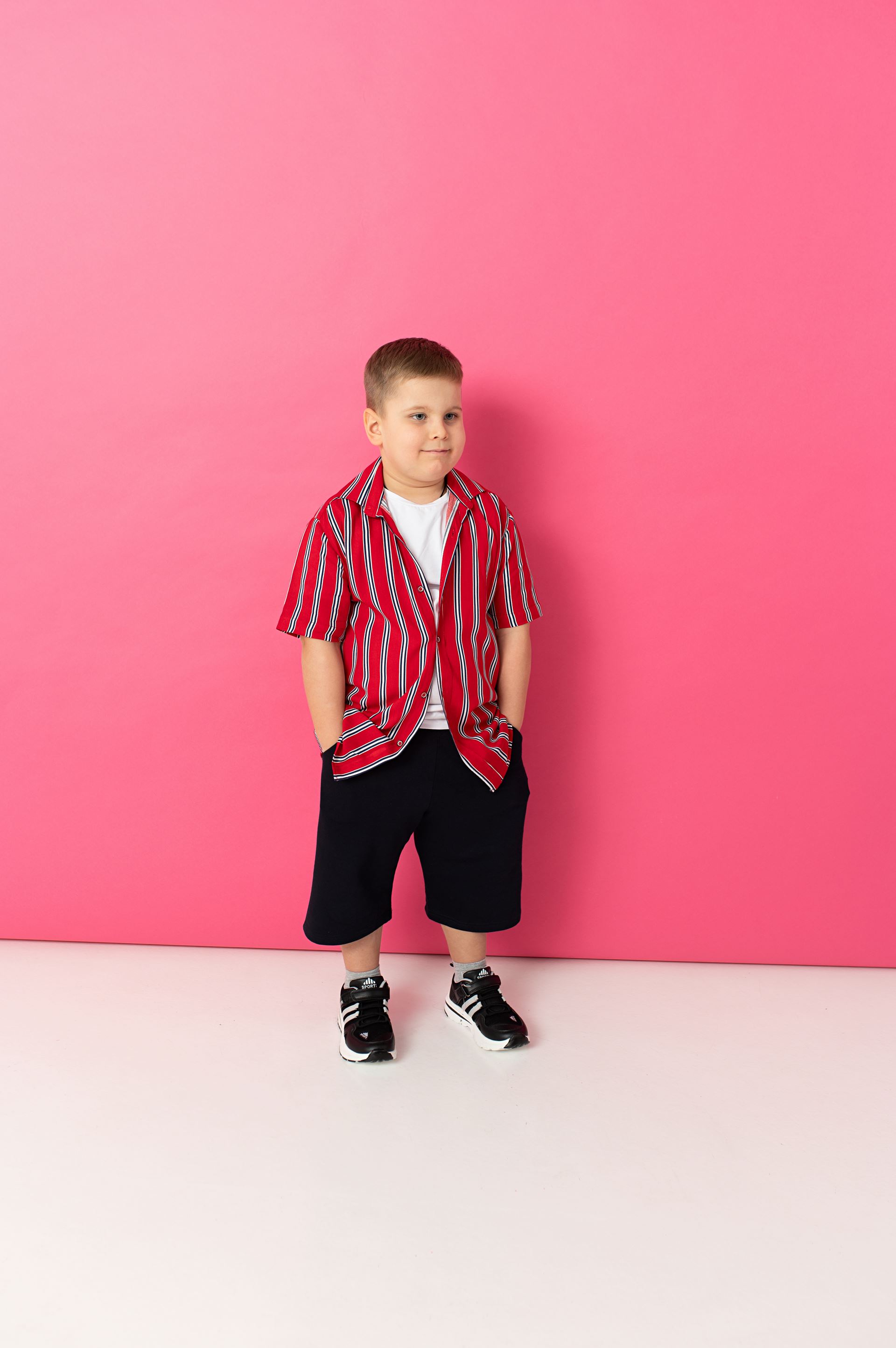 Red shirt with white stripes