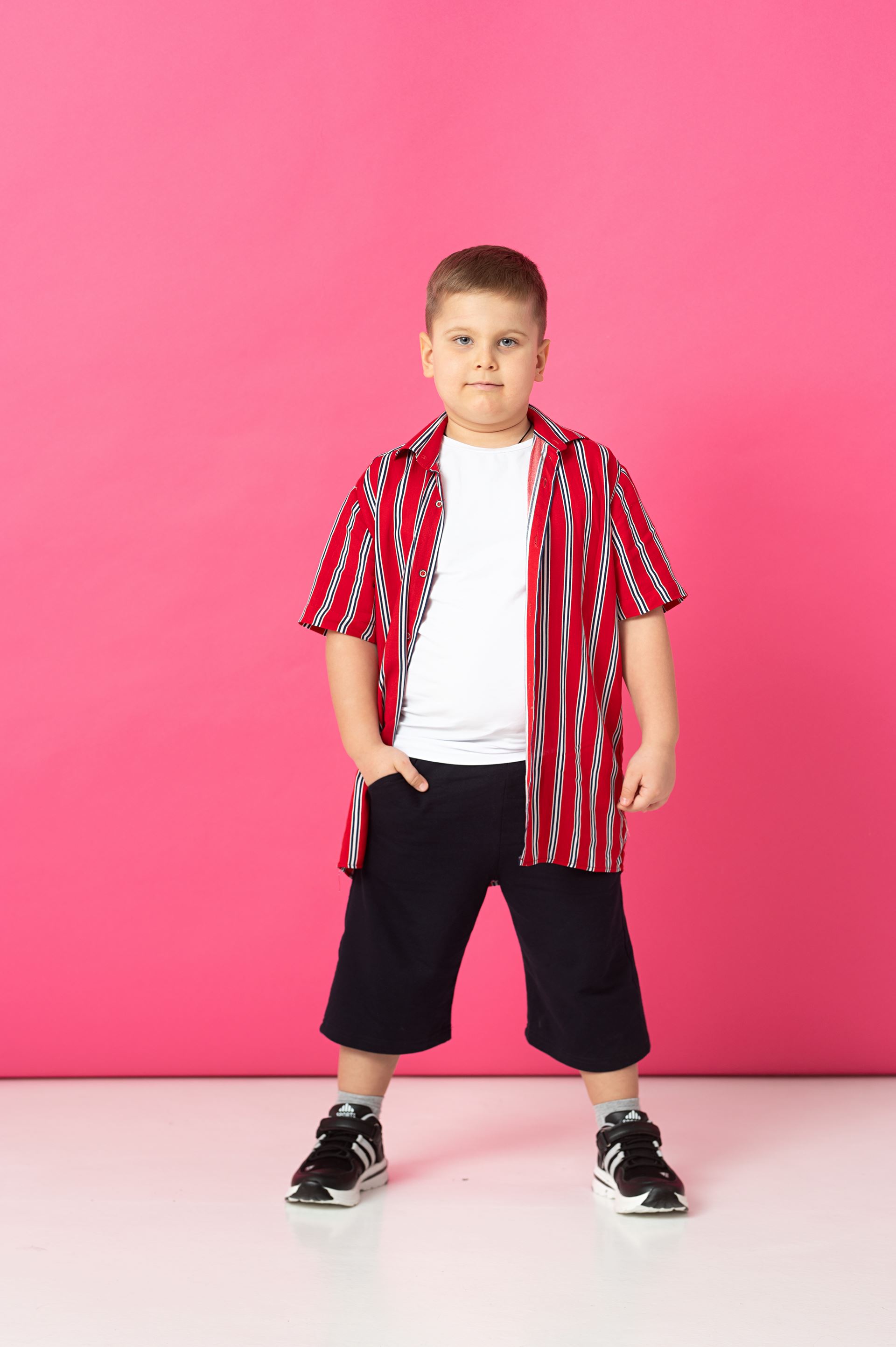Red shirt with white stripes