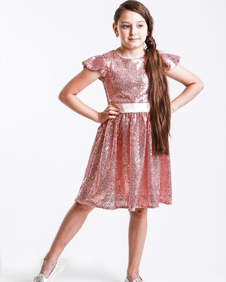 Powder sequin dress with satin belt