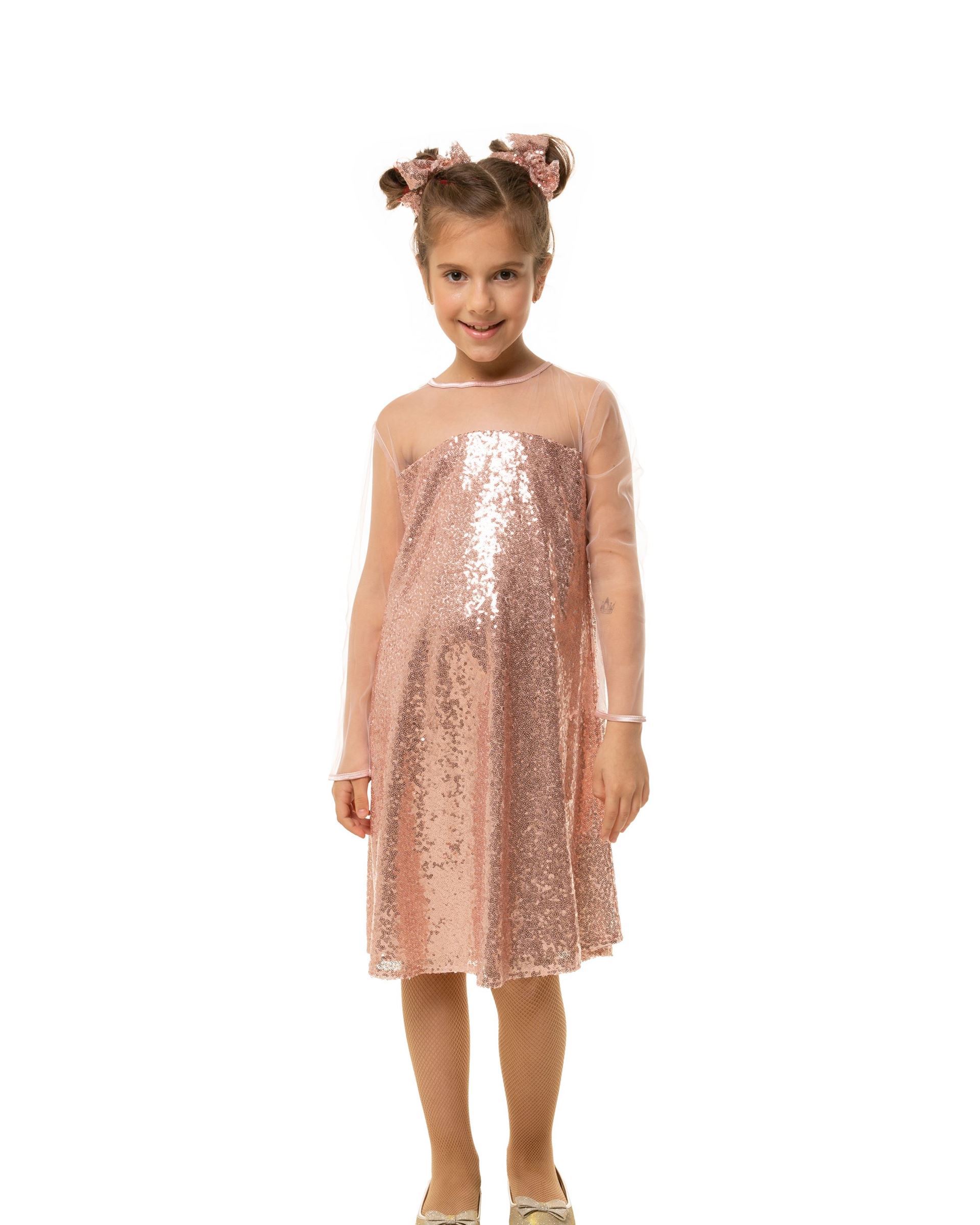Powder sequin dress with mesh sleeves