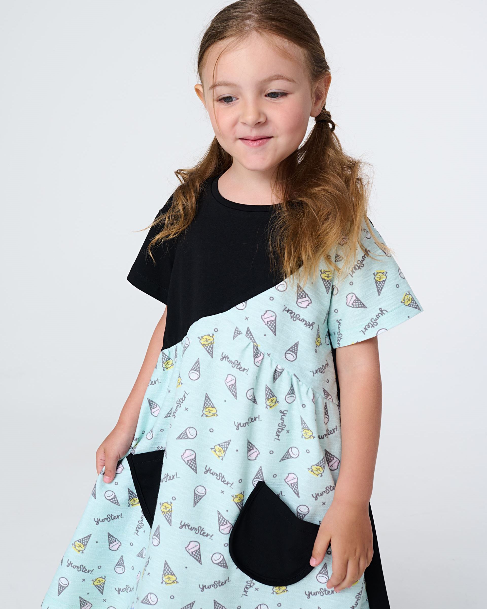 Dress black and blue with Ice Cream print asymmetry